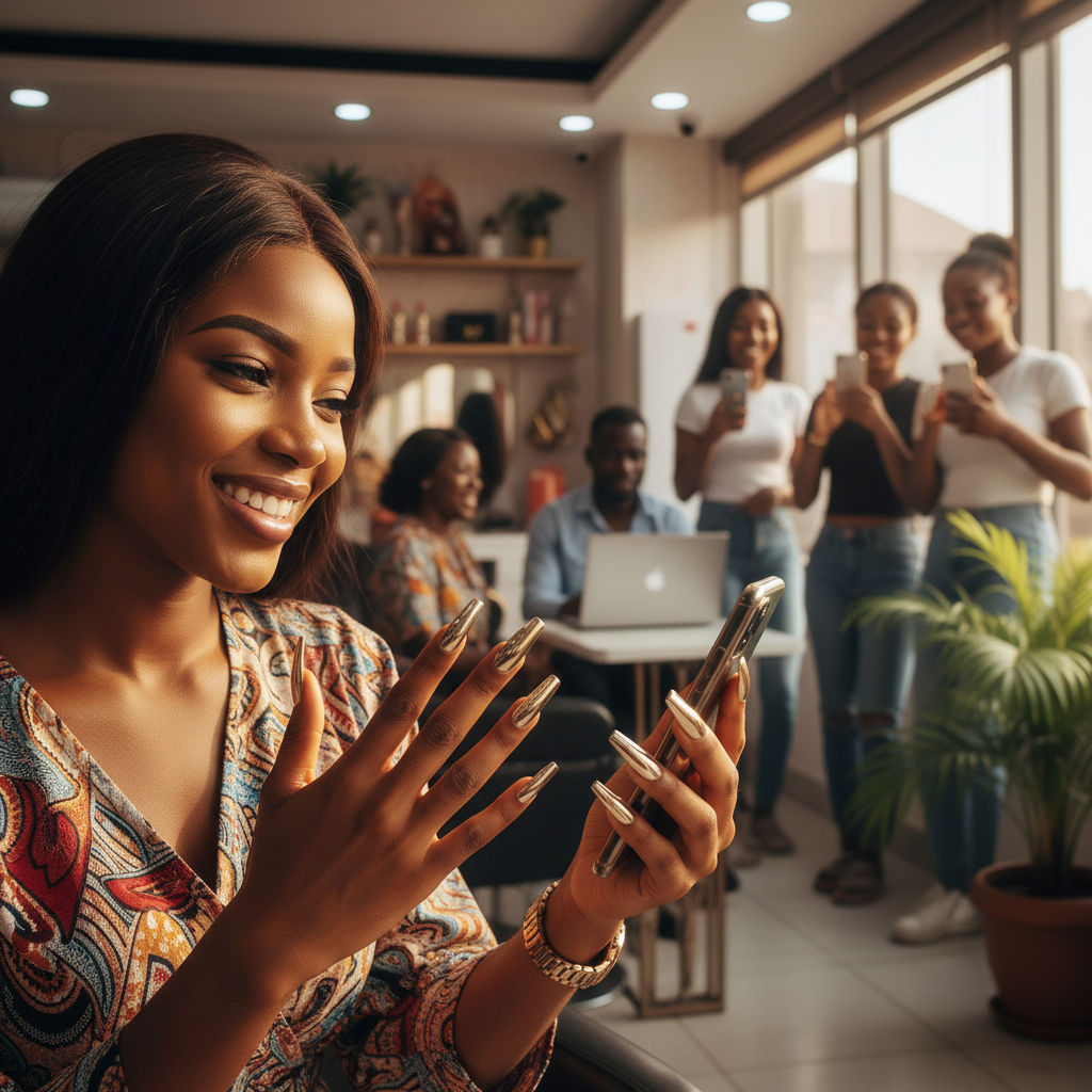 A stylish young Nigerian woman in Lagos admiring her new chrome manicure while using her phone.
