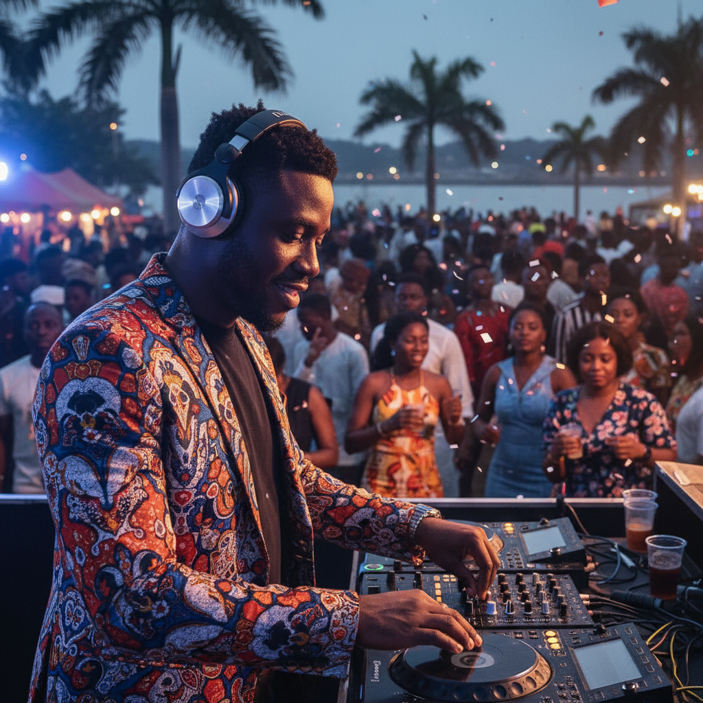 A Nigerian DJ wearing headphones and mixing music at a lively event in Port Harcourt.