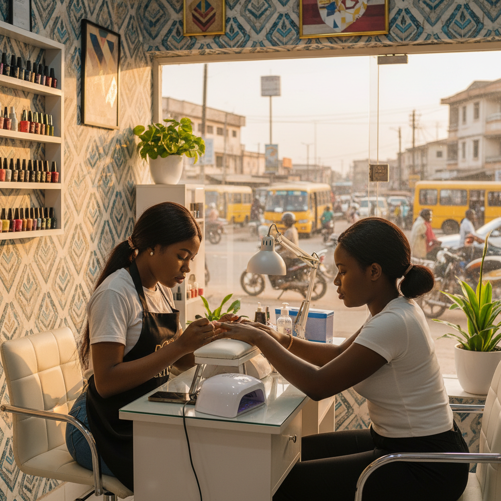 A Nigerian nail technician carefully applying an acrylic bead to a client's nail in a well-lit salon.