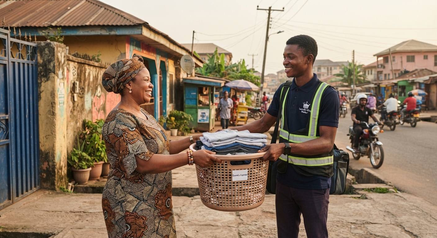 Customer receiving clean laundry from a delivery person in Ibadan