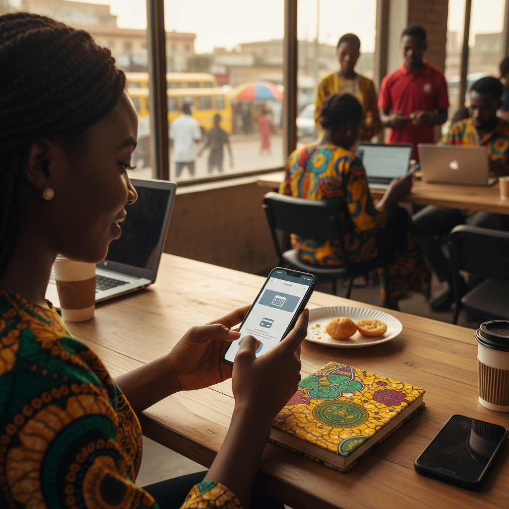 A Nigerian nail tech managing her business finances and bookings on the TrustAm app.