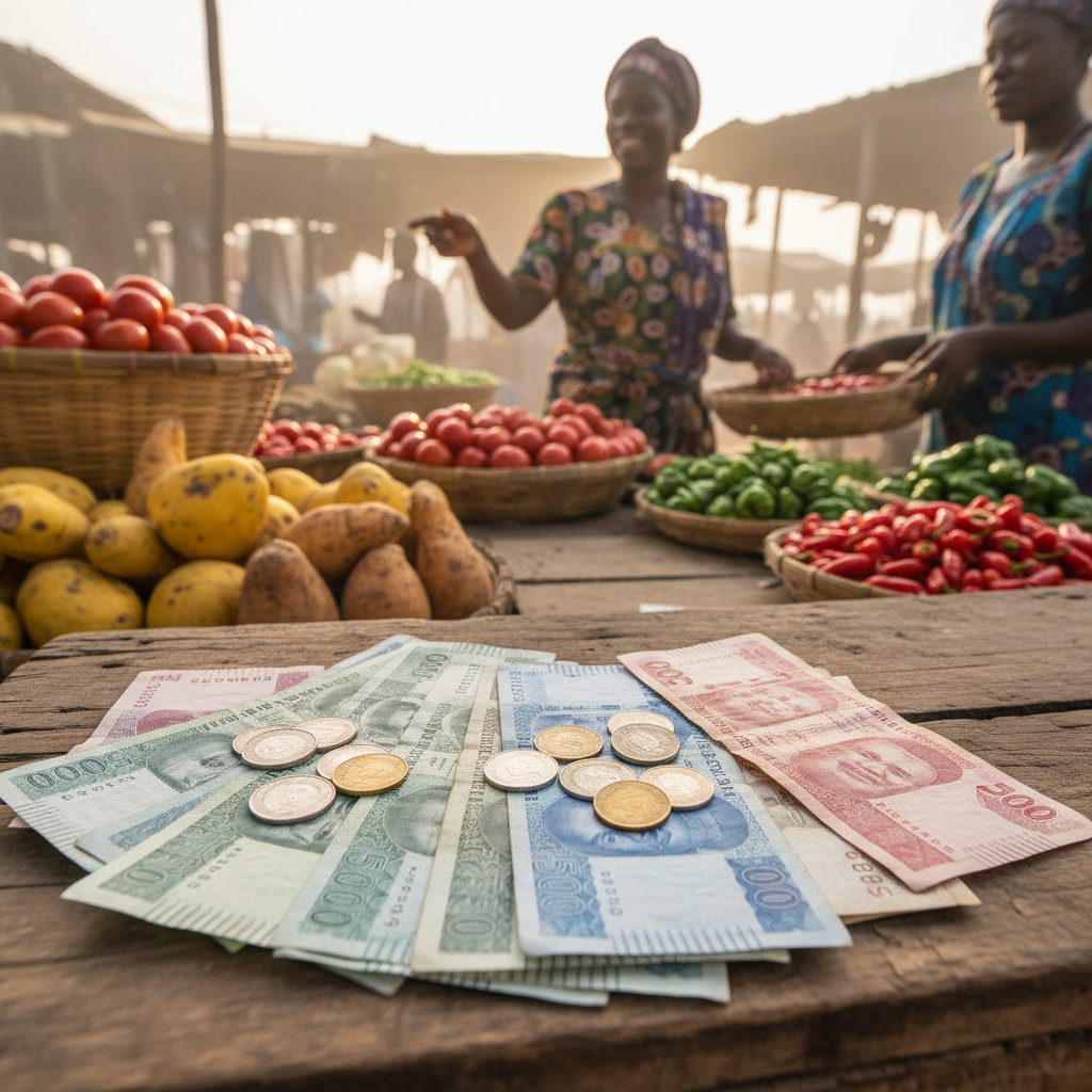 A close-up shot of Naira notes and coins, representing daily sales and expenses for a market trader.