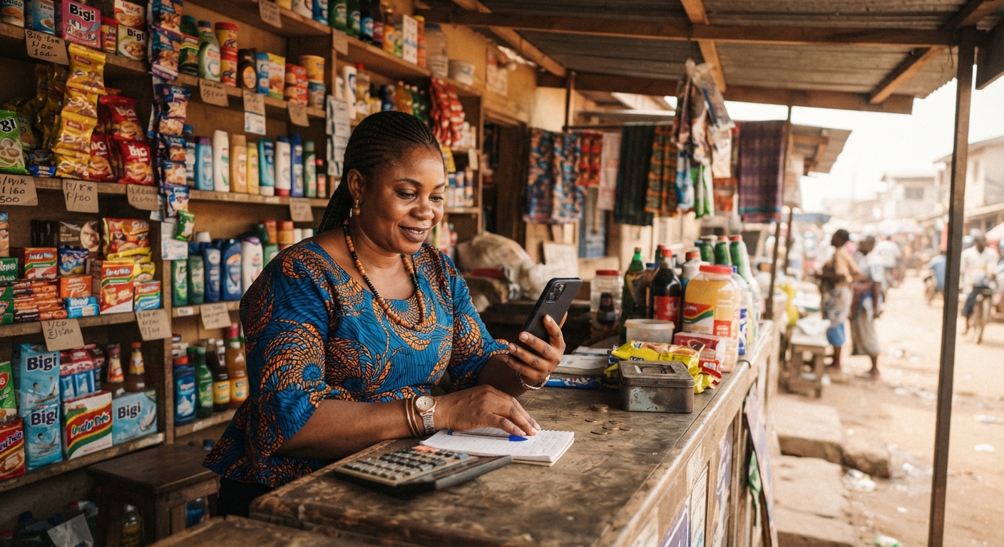 Nigerian shop owner checking phone behind counter