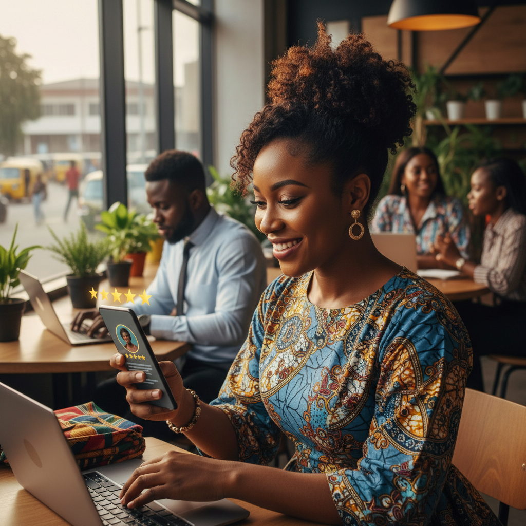A young Nigerian entrepreneur smiling as she looks at her TrustAm provider profile on her phone, which shows five-star reviews from clients.