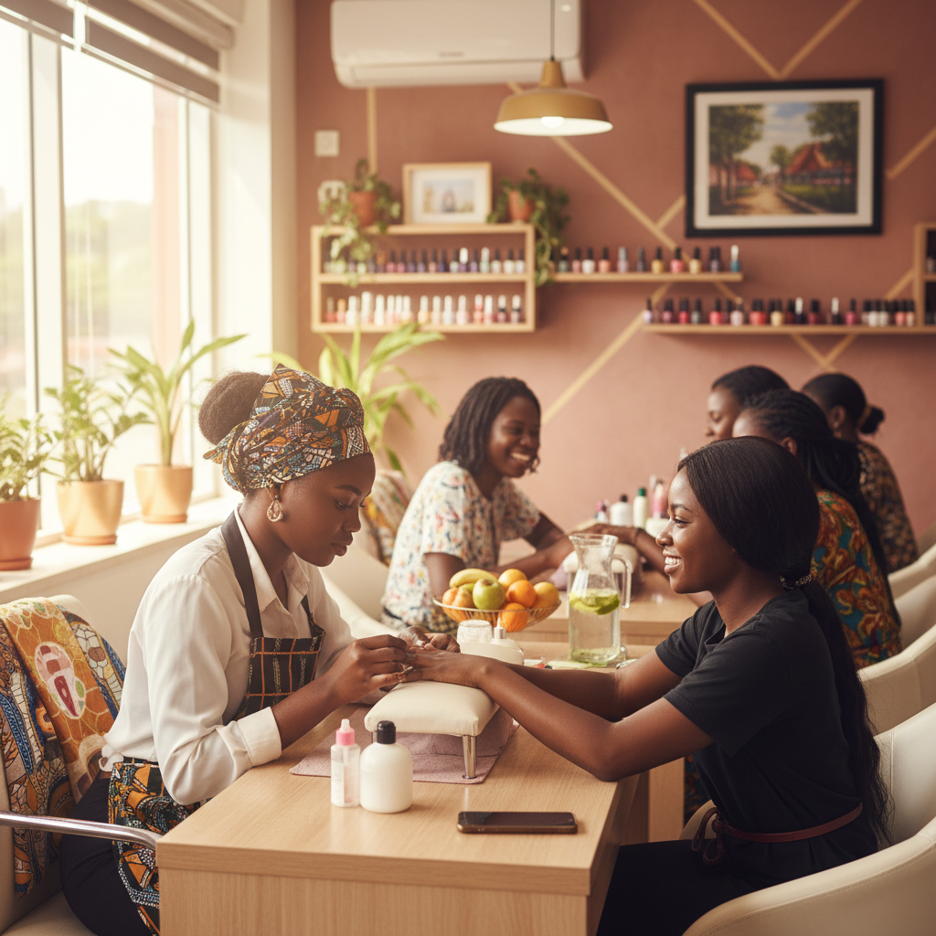 A Nigerian nail technician carefully applying an acrylic nail extension for a client.