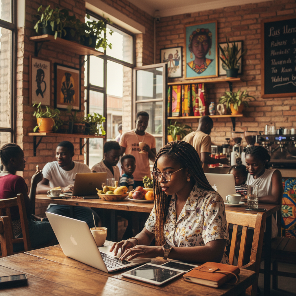 A freelance graphic designer working on a laptop, representing digital side hustles in Uyo.
