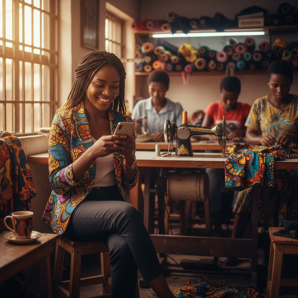 A young Nigerian nail tech smiling as she checks her bookings on the TrustAm app on her phone.