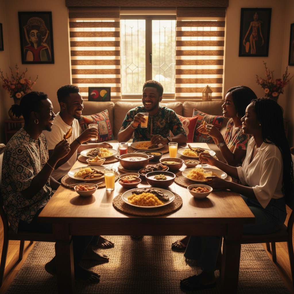A group of young Nigerian friends laughing and eating together at home, showcasing an affordable way to socialize.