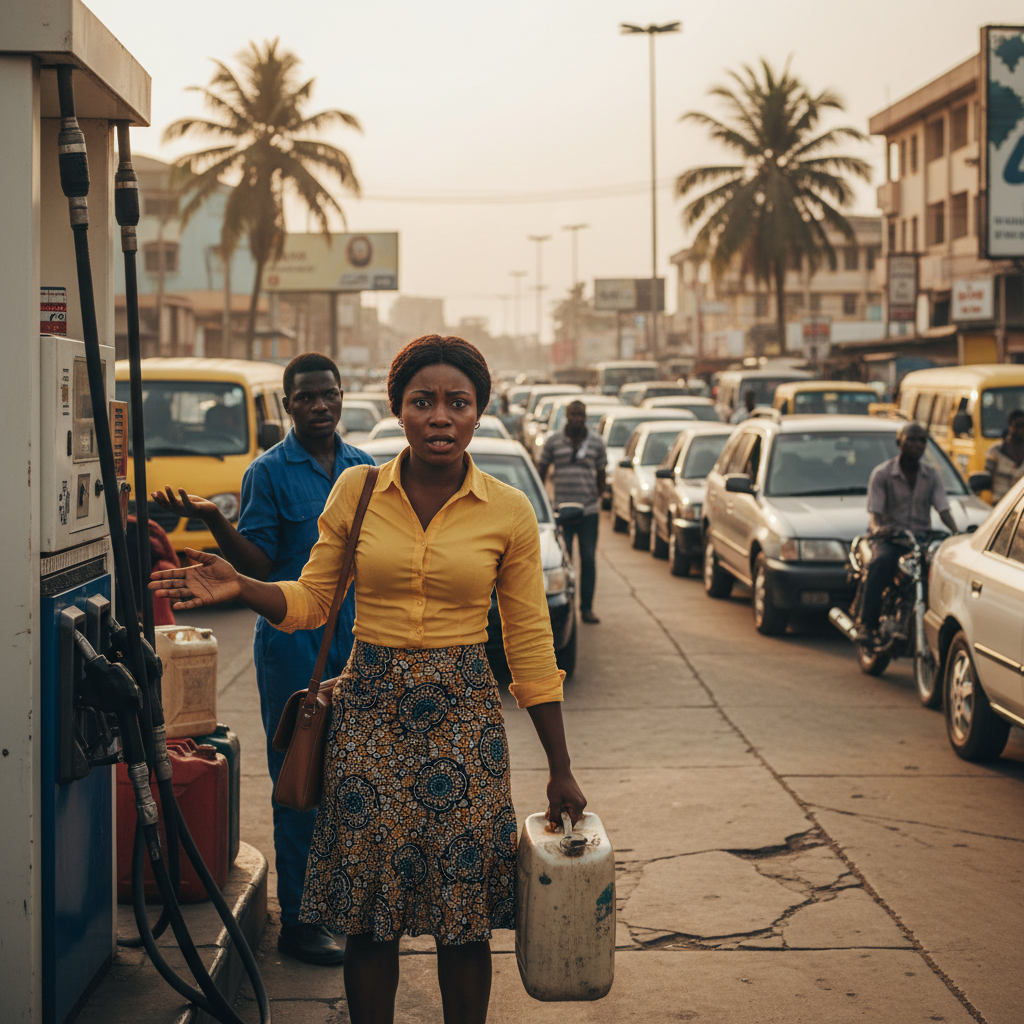 Nigerian woman showing concern while looking at the fuel pump price at a petrol station.