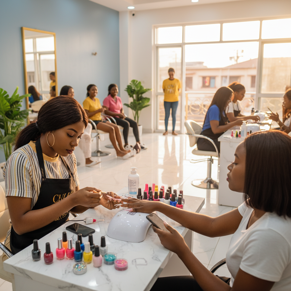 A professional Nigerian nail technician carefully applying an acrylic nail for a client in a well-lit salon in Lagos.