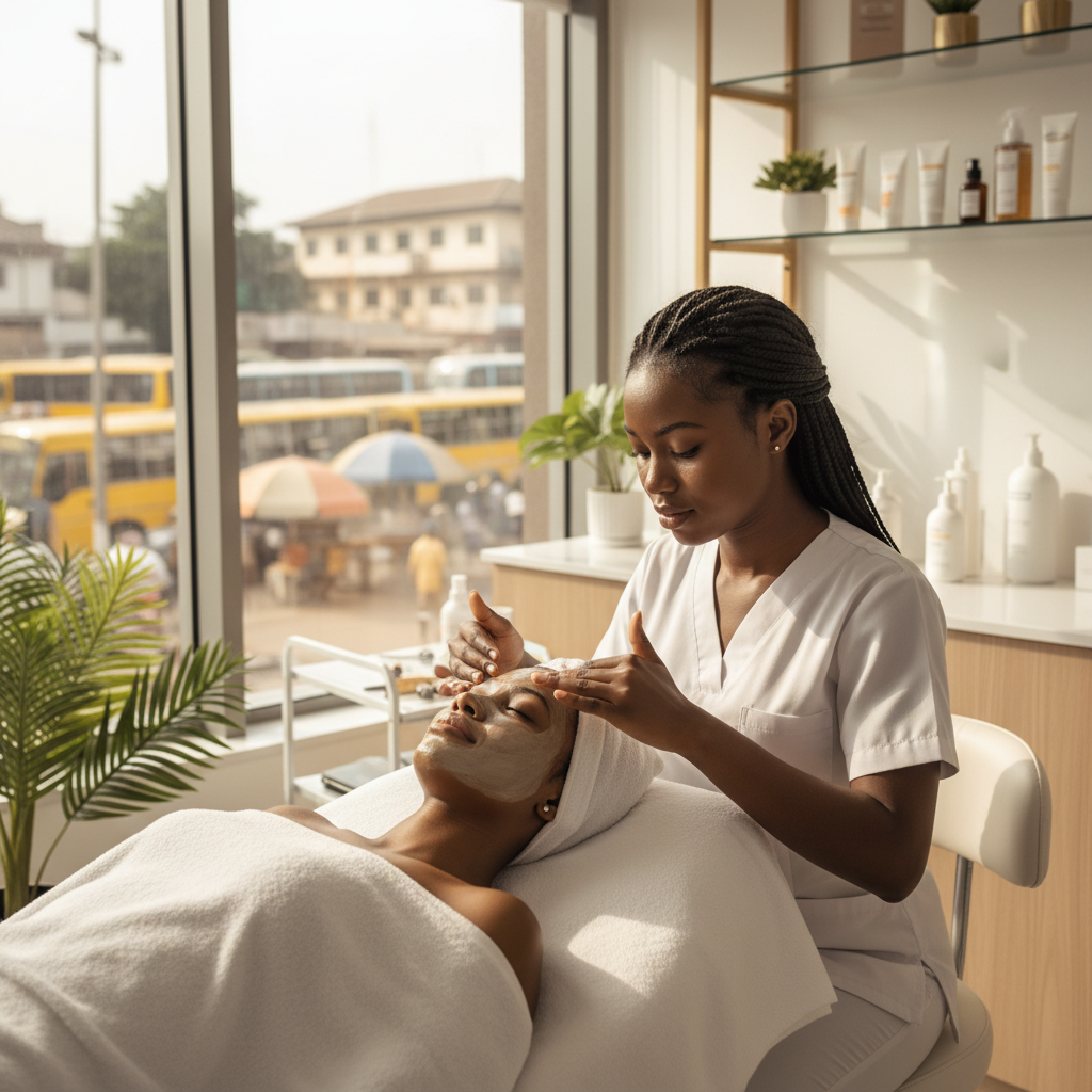 A professional Nigerian skincare specialist performing a facial on a client in a serene clinic.