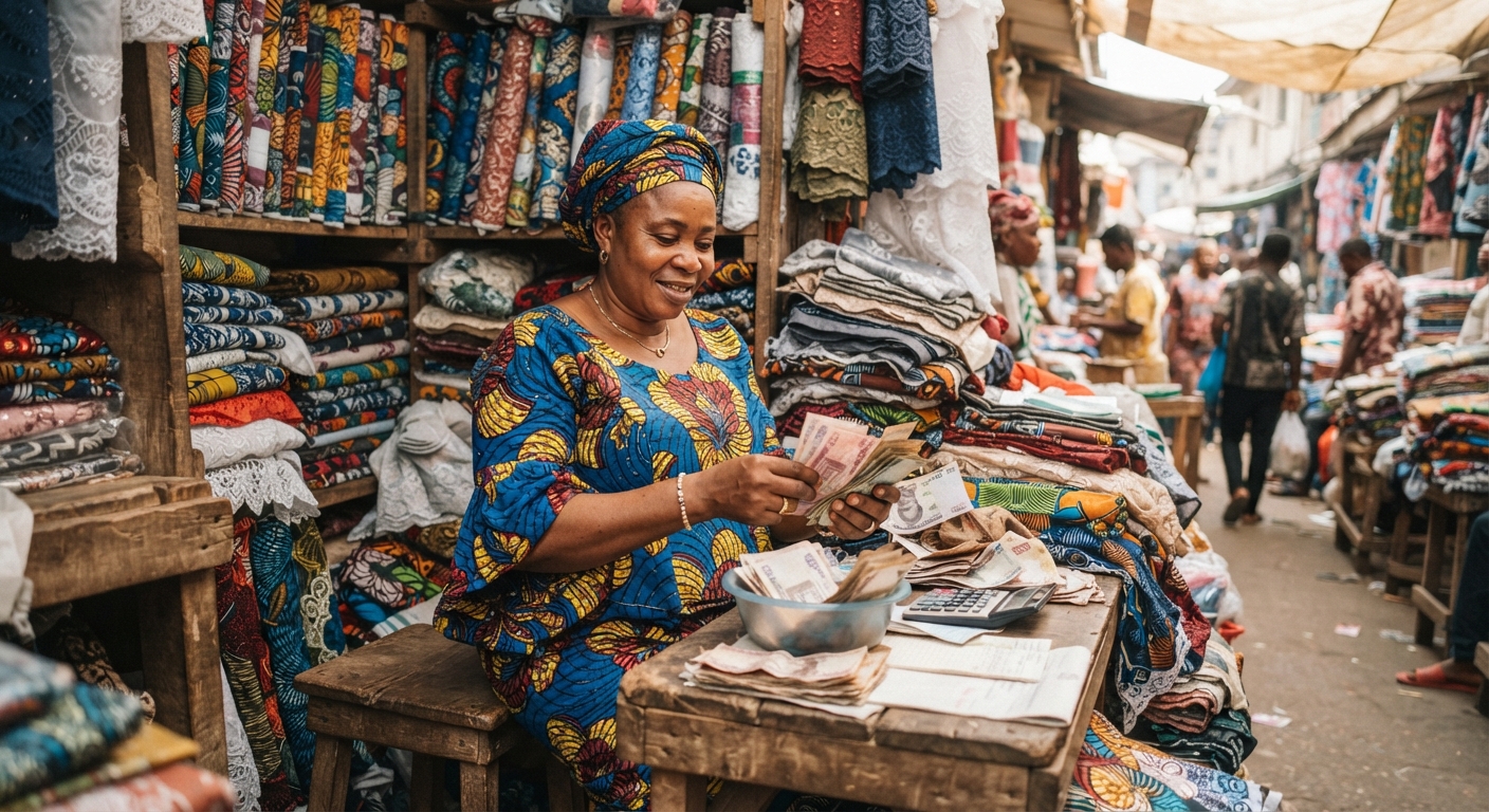 Nigerian woman trader counting naira at a fabric stall
