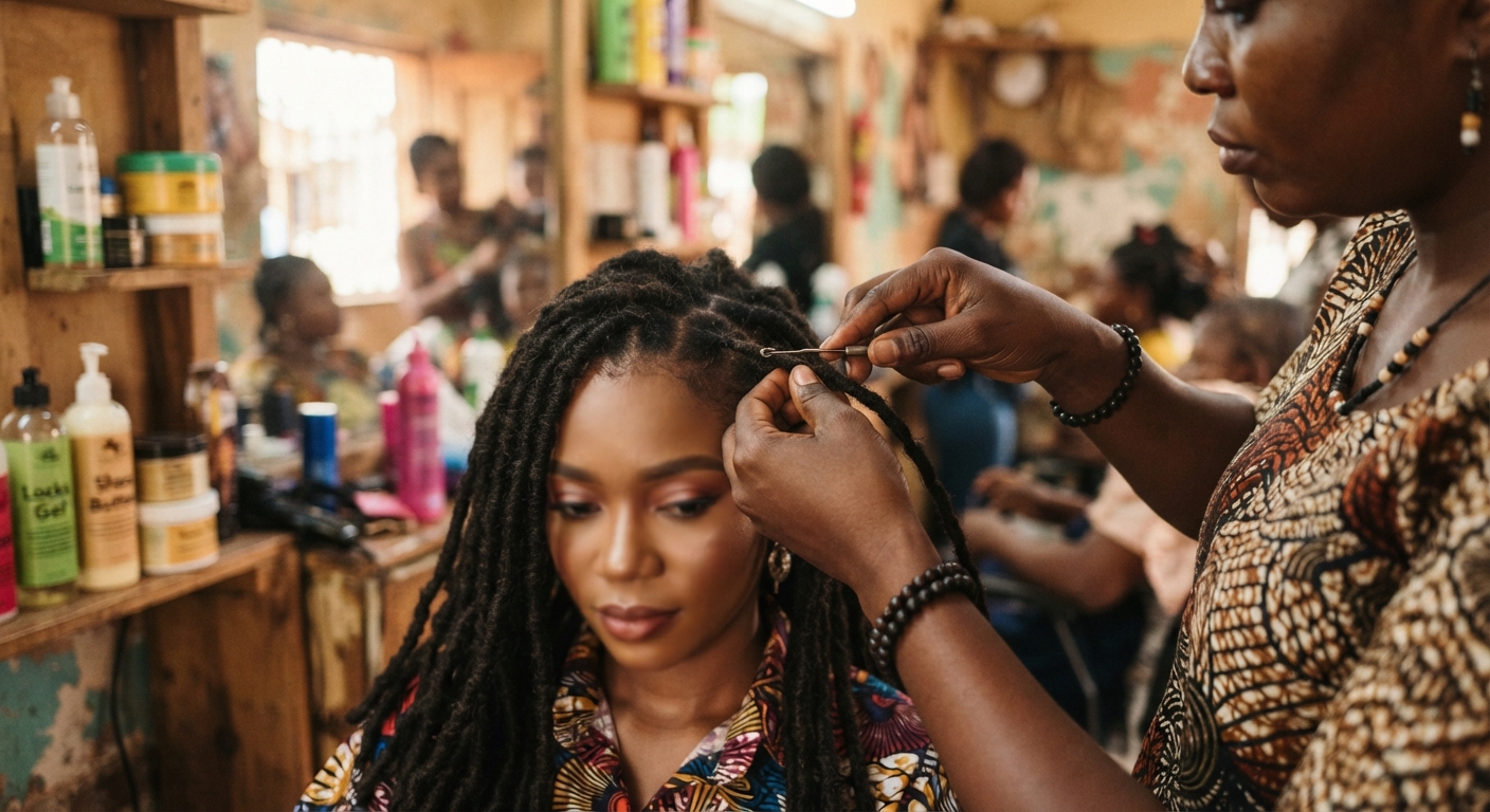 Close-up of a loc specialist's hands working on dreadlocks in Enugu.