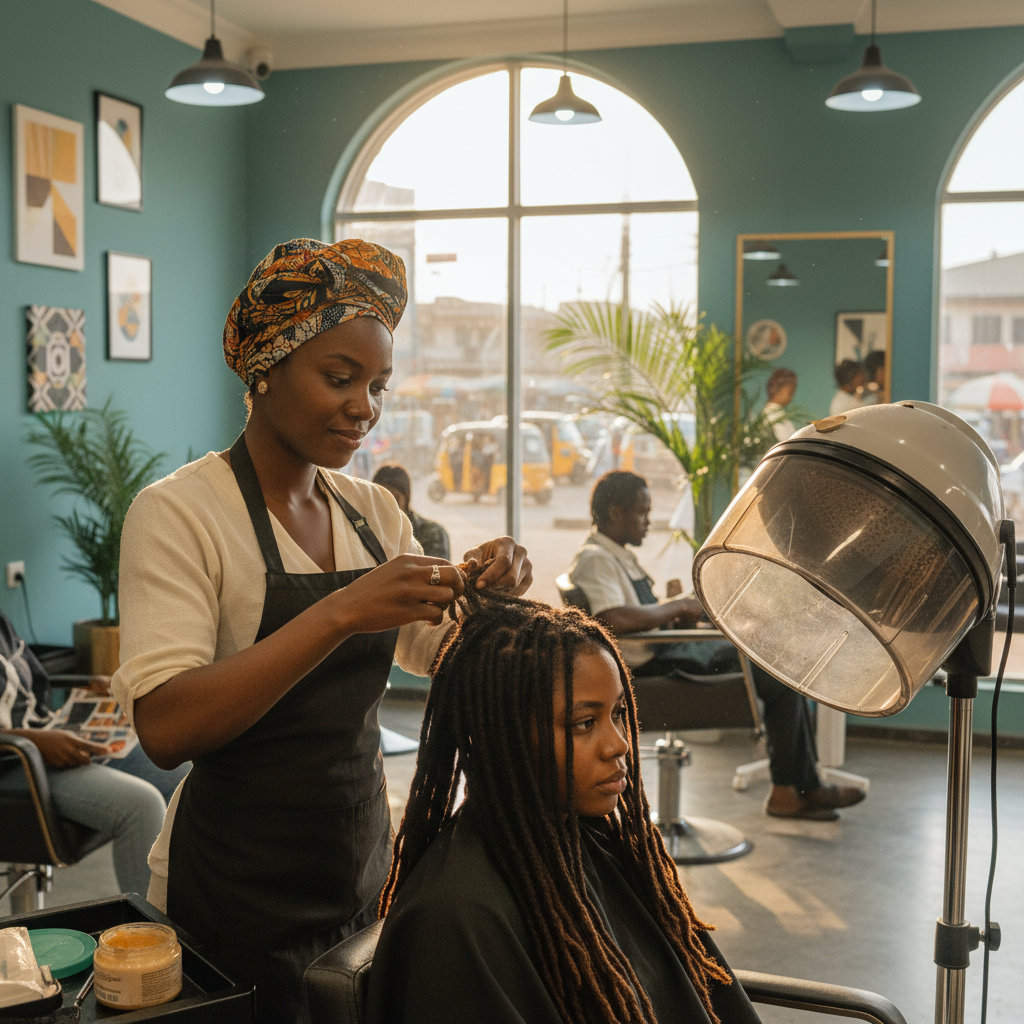 A professional loctician in a clean Nigerian salon carefully retwisting a client's locs.