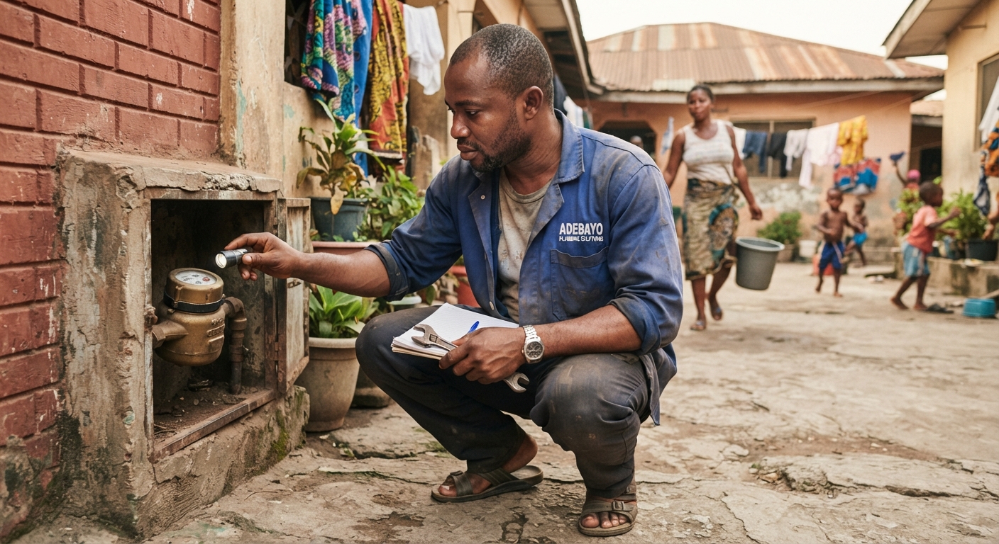A handyman inspecting a water meter in a residential building