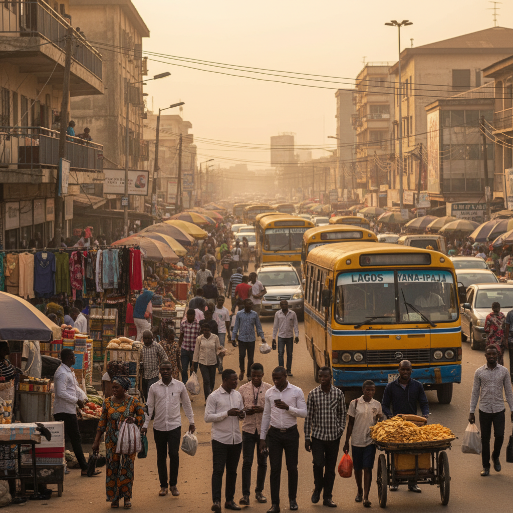 A bustling Lagos street filled with iconic yellow danfo buses and pedestrians.