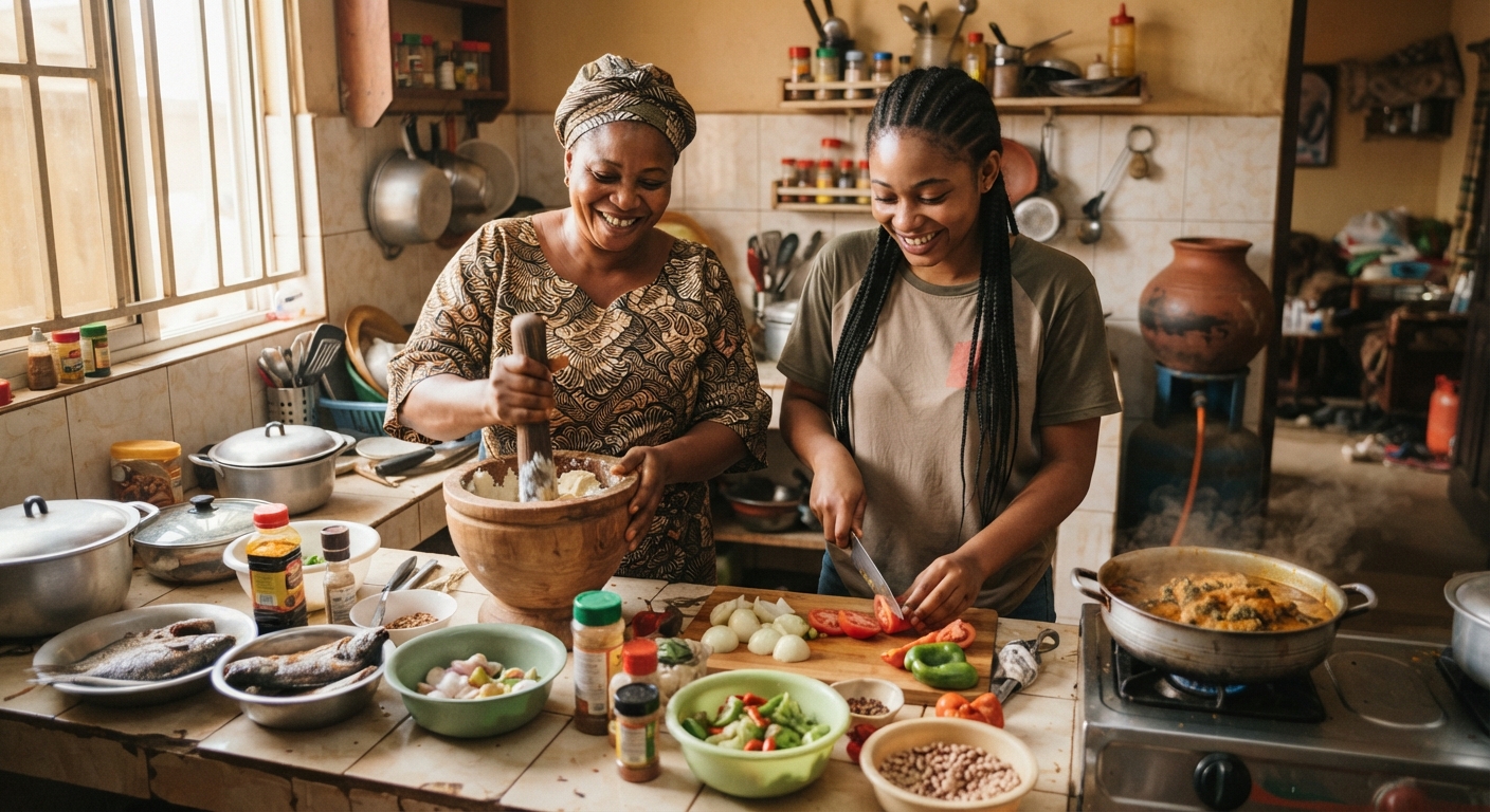 Nigerian kitchen preparing food ingredients