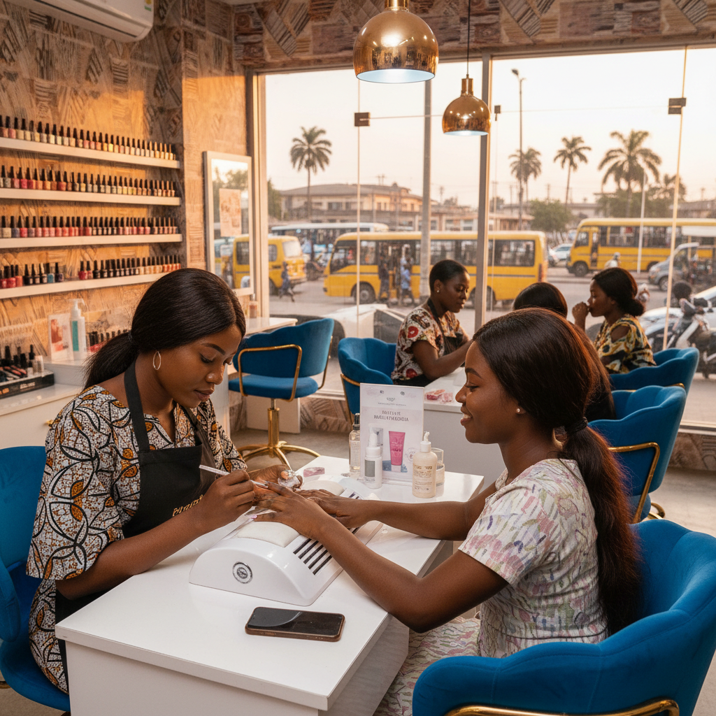 A skilled nail technician carefully applying an acrylic bead to a client's nail in a well-lit salon in Lagos.