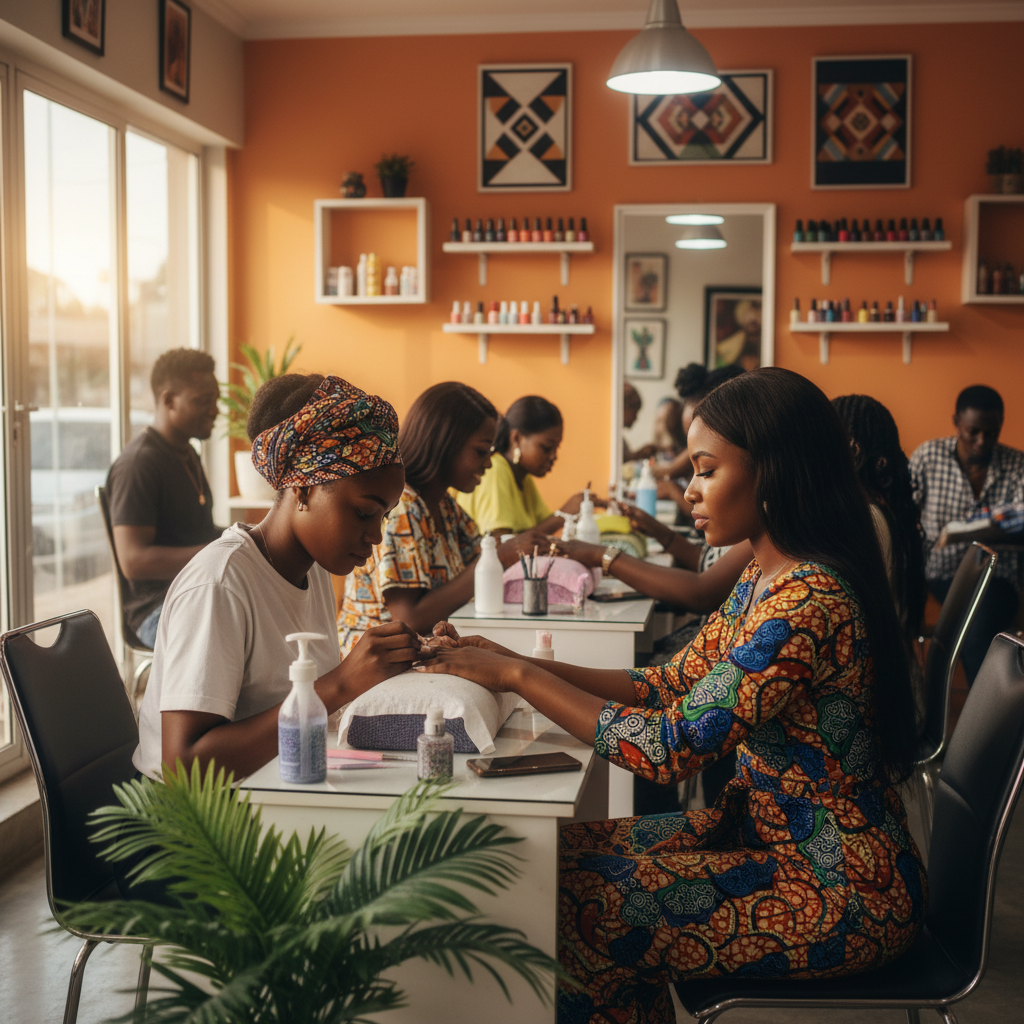 A skilled nail technician in Lagos carefully applying acrylic to a client's nails.