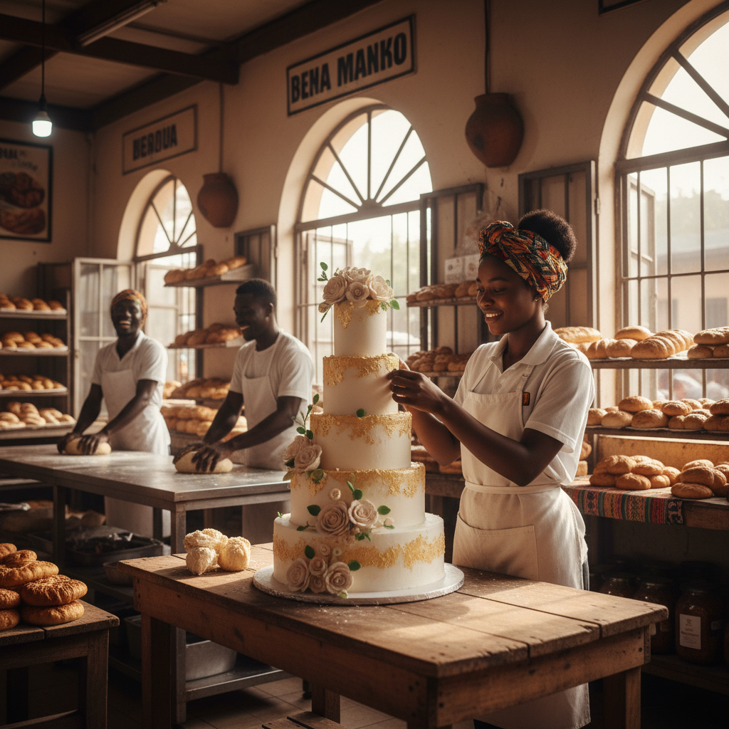 A Nigerian baker carefully placing sugar flowers on a large wedding cake.