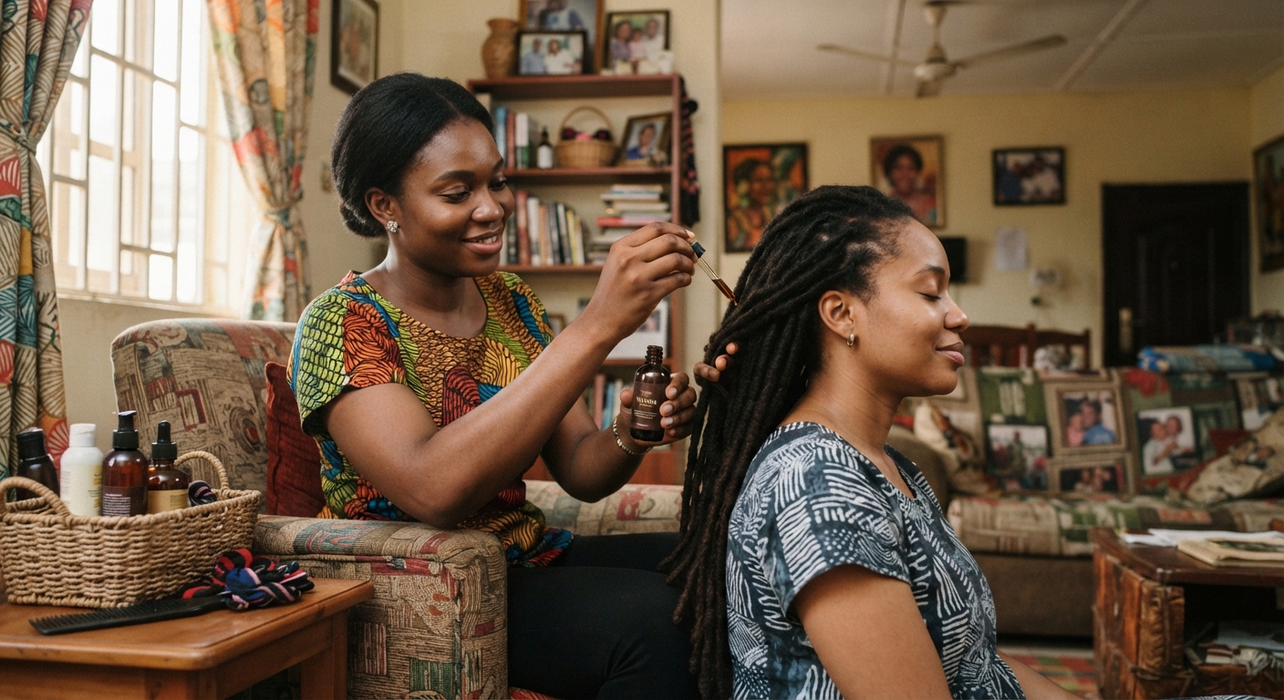 Close-up of a woman gently applying a lightweight oil to her locs for moisture