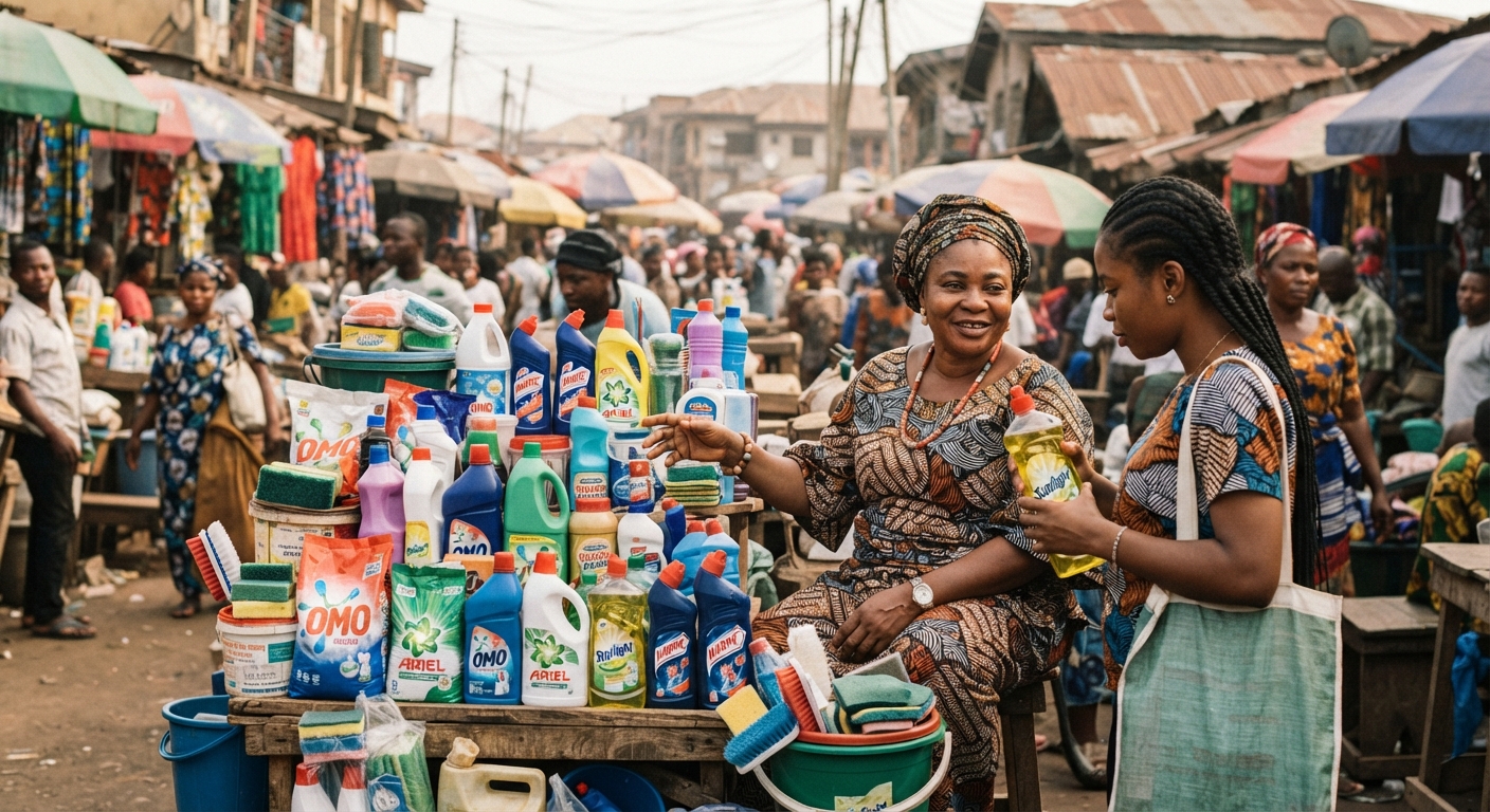 Market scene in Ibadan with cleaning supplies