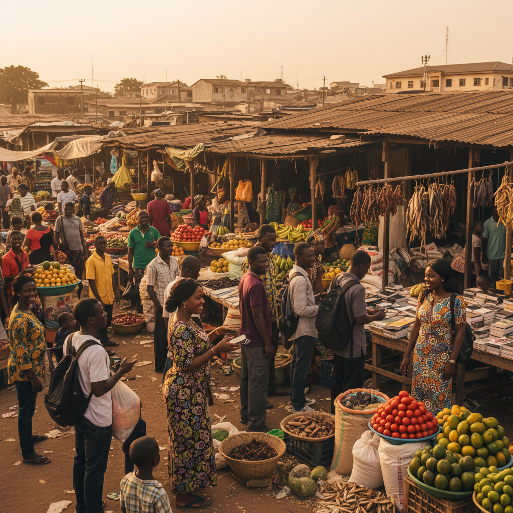 A vibrant and busy scene at Mile 1 Market in Port Harcourt, where locals can buy fresh, affordable food.