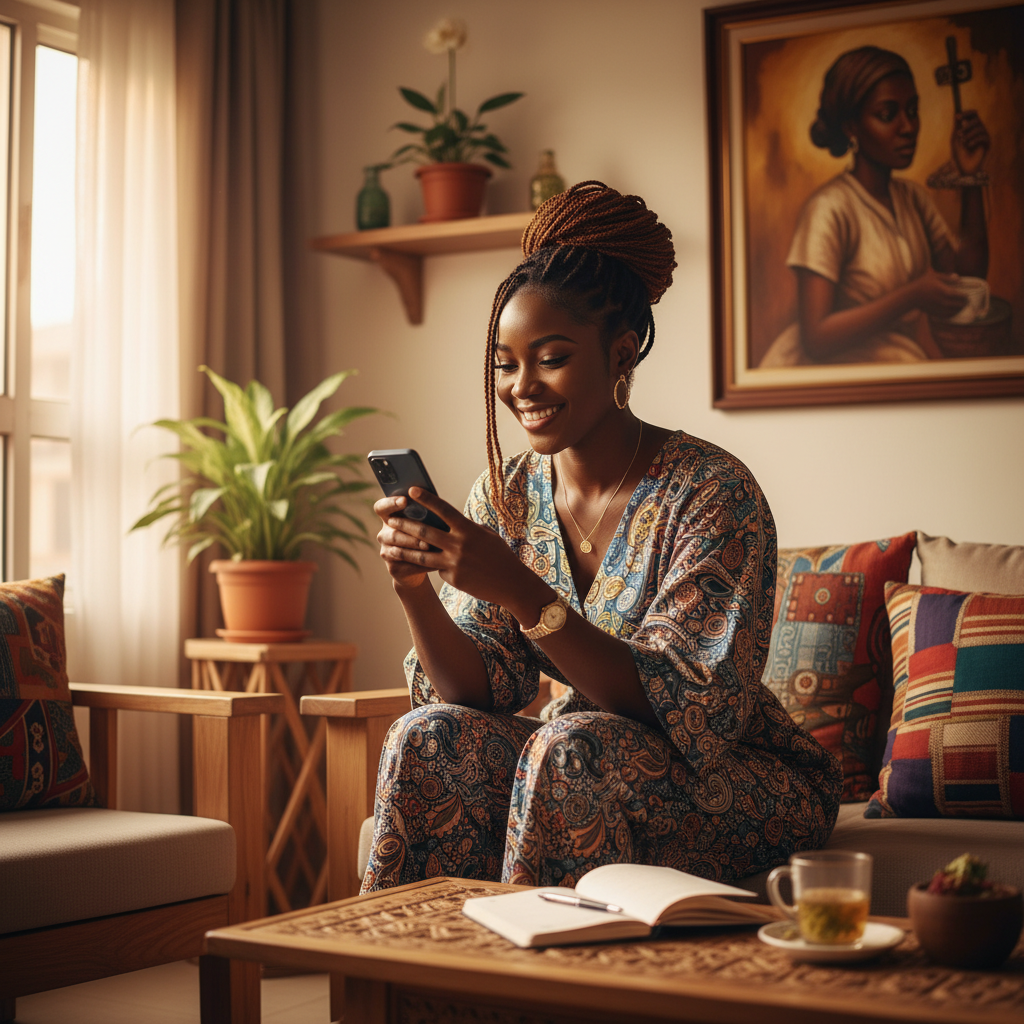 A woman in Onitsha confidently booking a verified plumber using the TrustAm app on her phone.