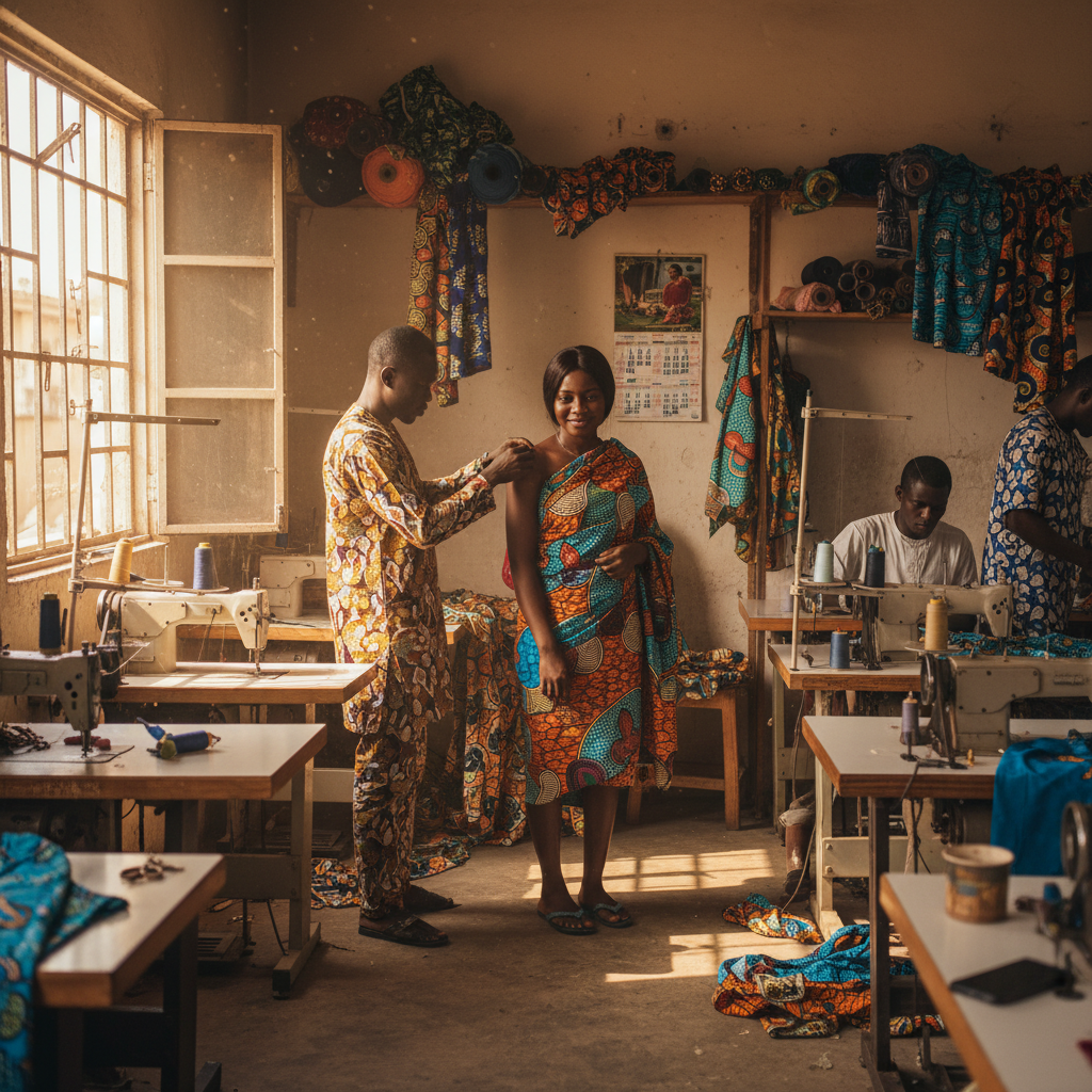 A Lagos tailor carefully taking measurements for a male client's traditional wear.
