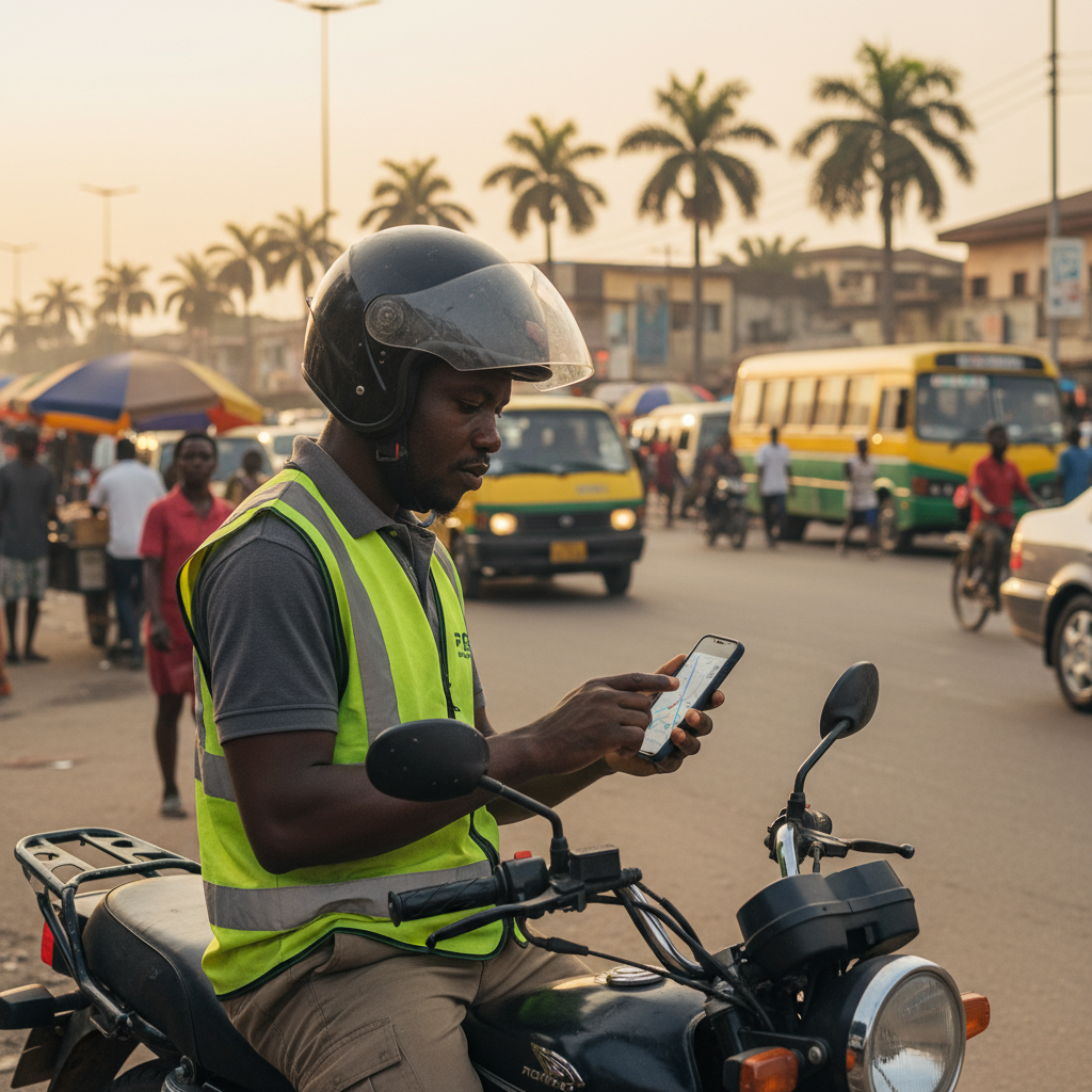 A dispatch rider in Nigeria using his smartphone for GPS navigation on his bike.