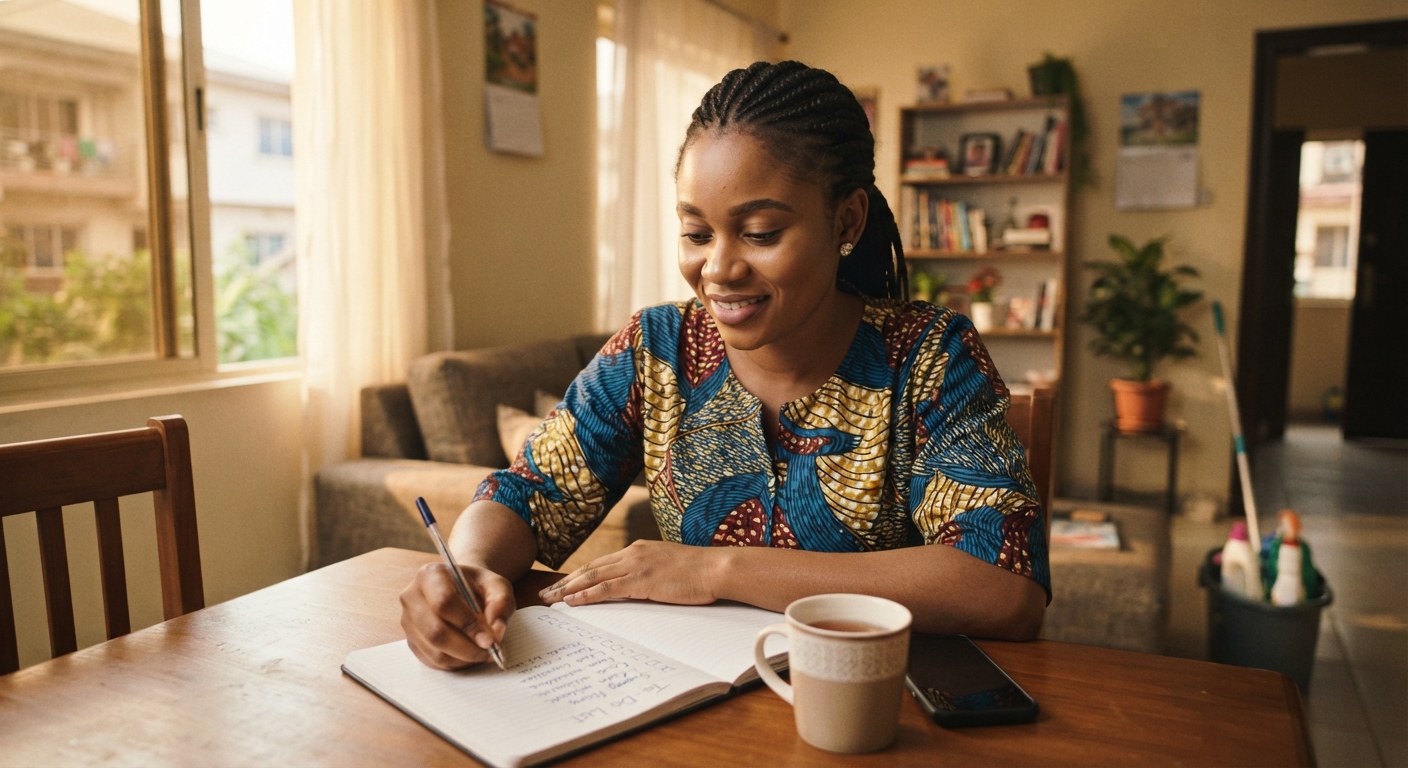 A woman in Port Harcourt making a to-do list for her house cleaning service