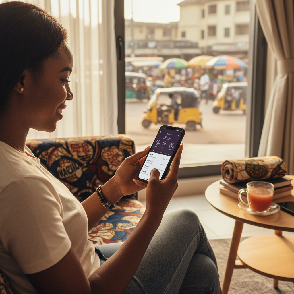 A young Nigerian woman smiling as she books a nail technician on the TrustAm app on her smartphone.