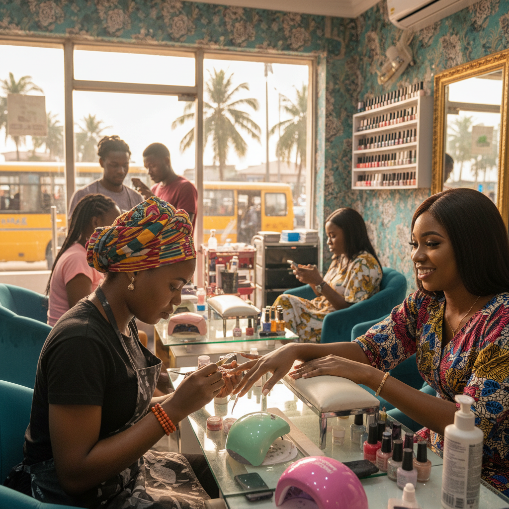 A skilled nail technician applying acrylic powder to a client's nails in a clean Lagos salon.
