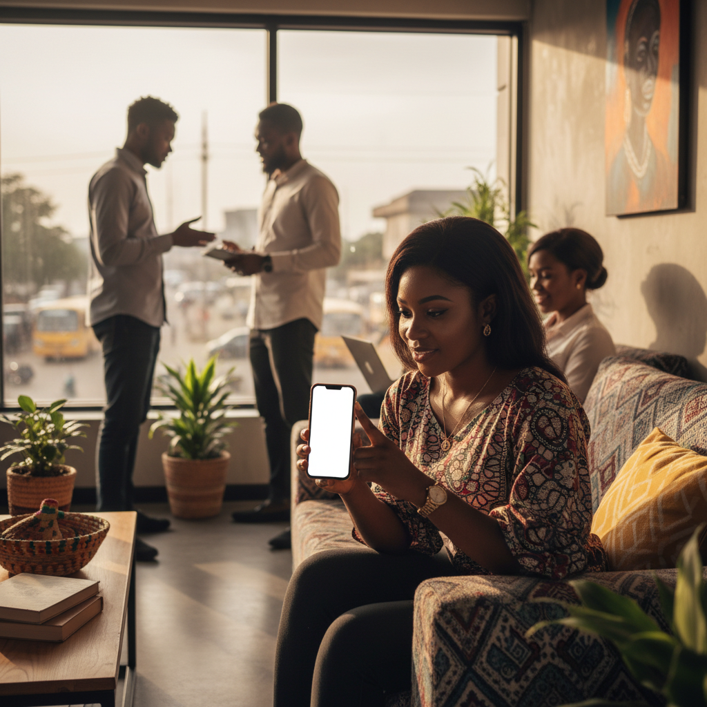 A young Nigerian woman smiling as she checks her high-interest savings balance on her smartphone.