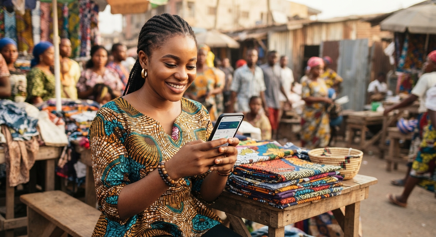 Young Nigerian woman using a financial app with multiple language options
