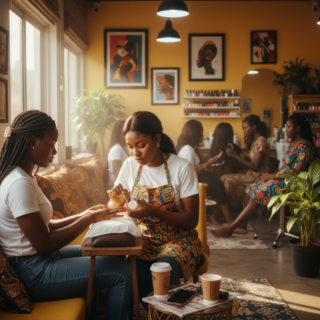A skilled nail technician carefully applying acrylic to a client's nails in a clean Lagos salon.