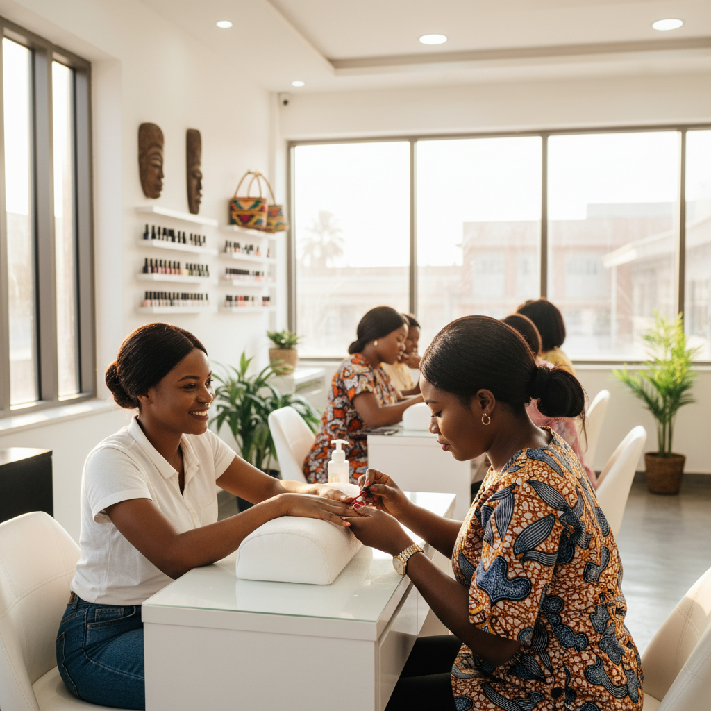 A skilled Nigerian nail technician focused on applying polish to a client's nails.