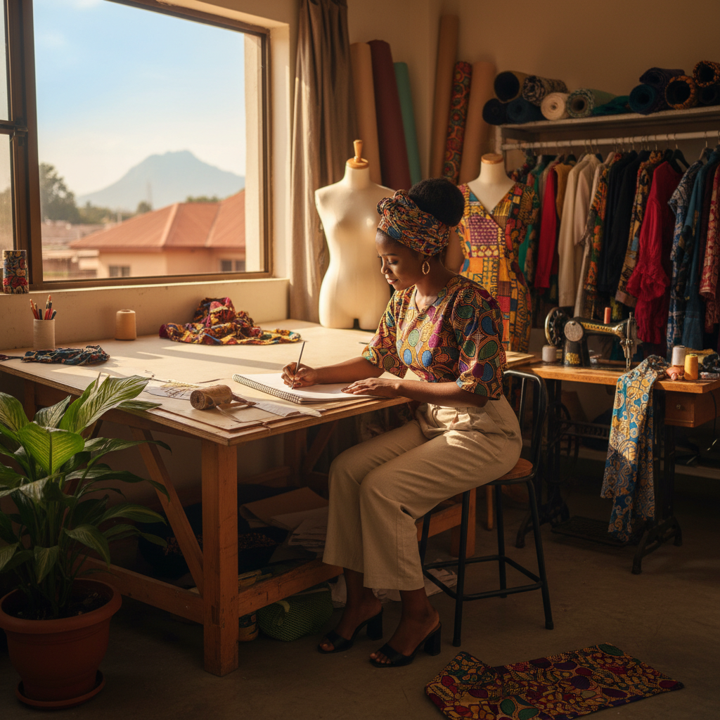 A young Nigerian fashion designer planning her next collection, a key part of business growth.