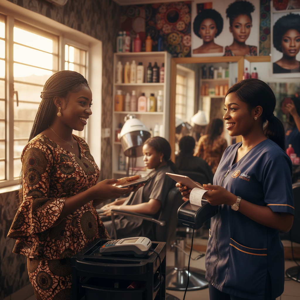 A happy client making a secure payment on her phone using the TrustAm app in a Nigerian salon.