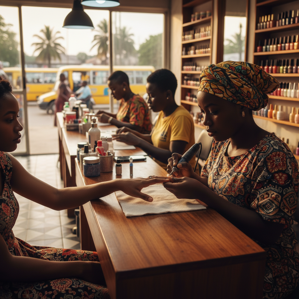 A nail technician in Lagos carefully applying an acrylic bead to a client's nail.