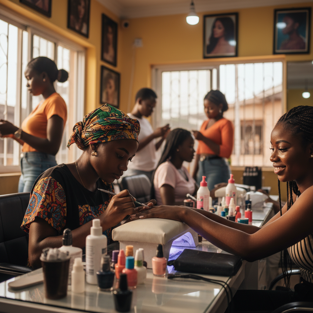 A skilled nail technician carefully applying acrylic to a client's nails in a clean Lagos salon.