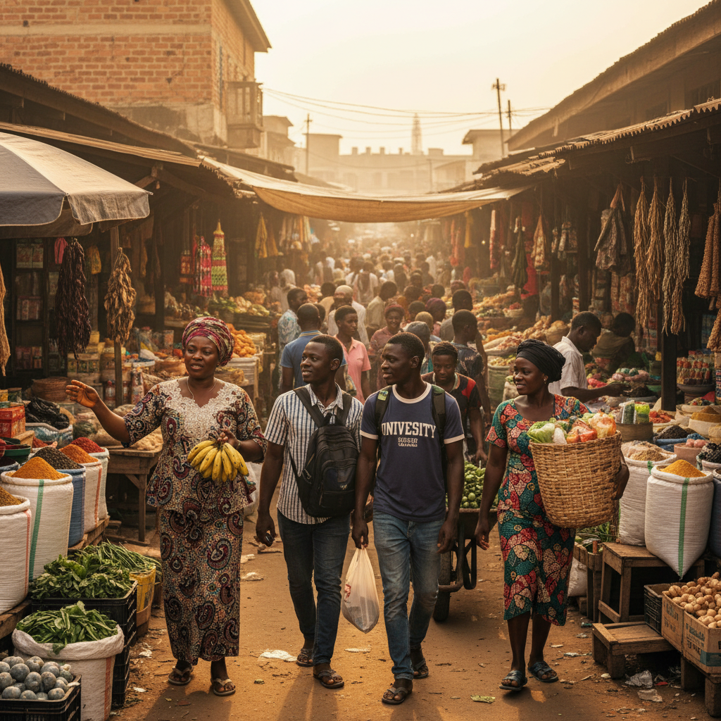 A bustling scene at Ogbete Main Market in Enugu with people shopping for groceries.