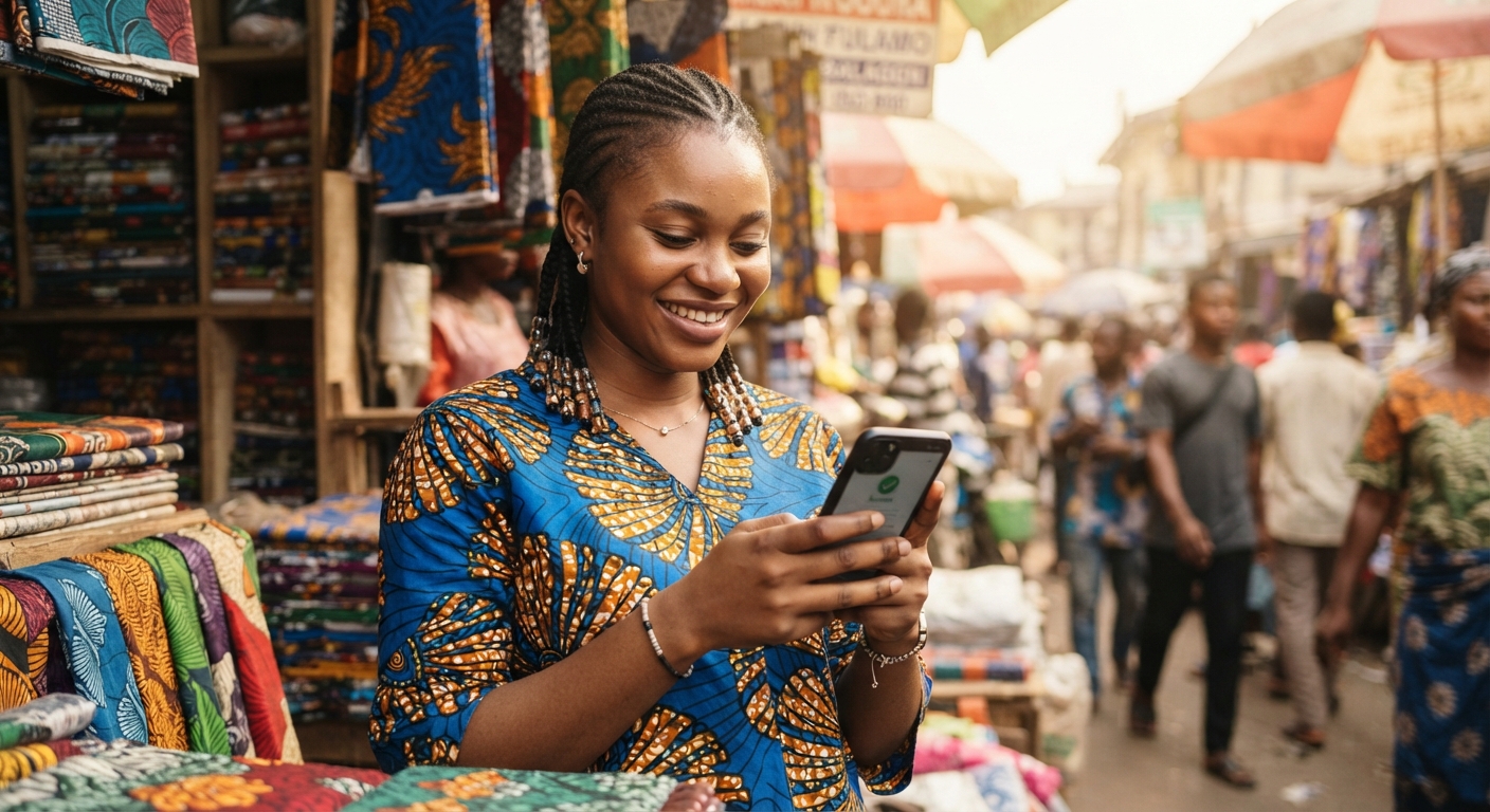 Young Nigerian woman confirming a payment on her mobile phone app, symbolizing secure transactions