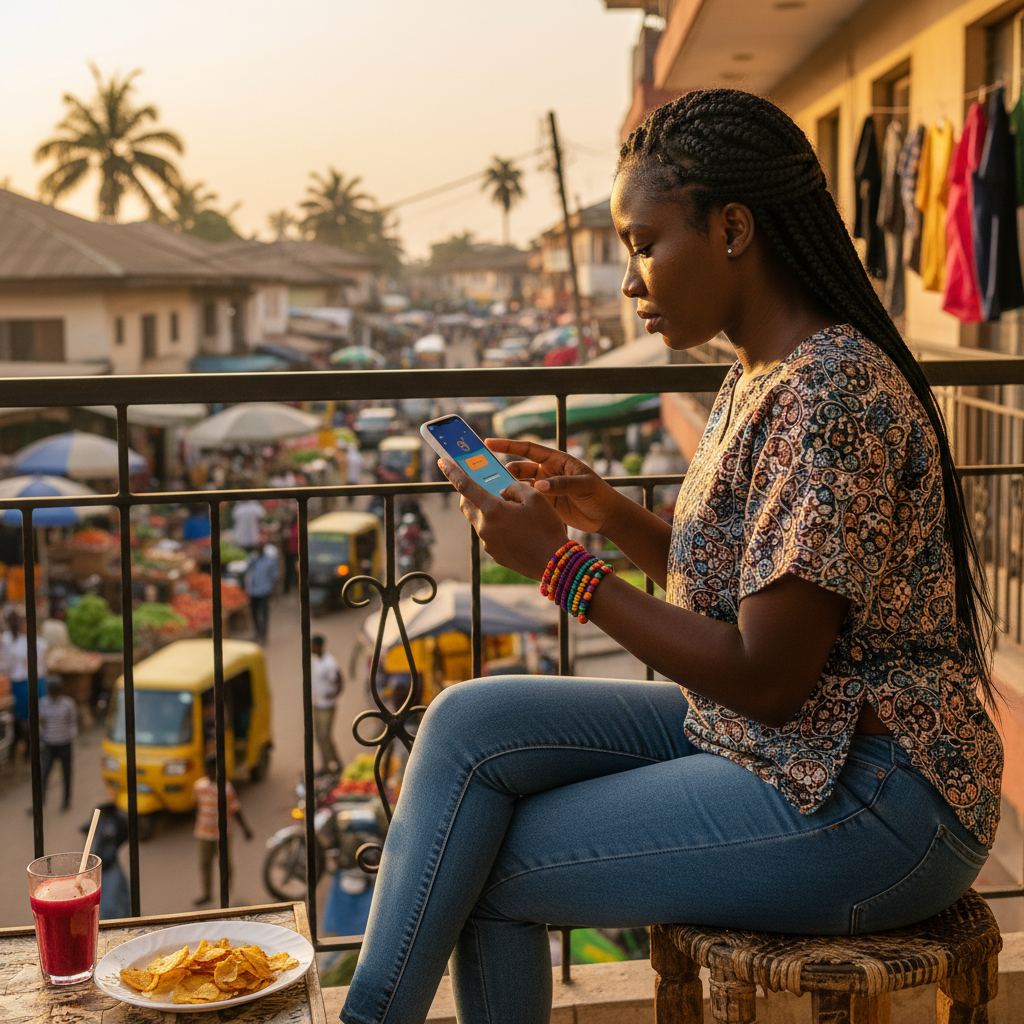 A young Nigerian woman smiling as she uses the TrustAm app on her smartphone to book a nail appointment.