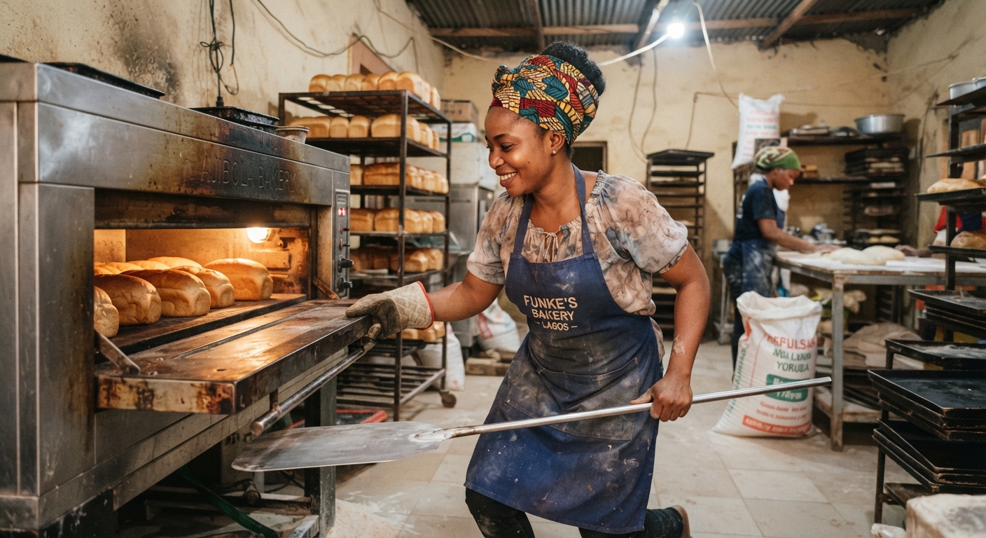 Nigerian woman baker checking an oven in her bakery