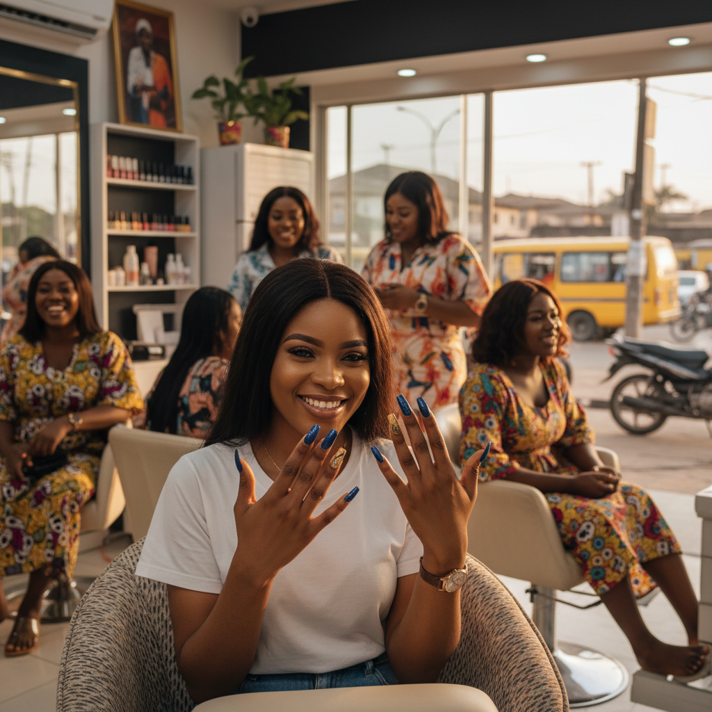 A stylish young Nigerian woman in Lagos smiling as she looks at her newly done acrylic nails.