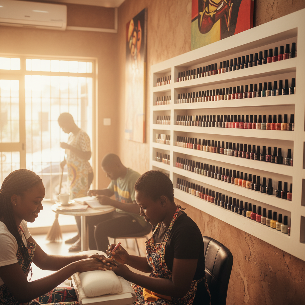 A colourful and organized display of gel nail polish bottles in a salon.