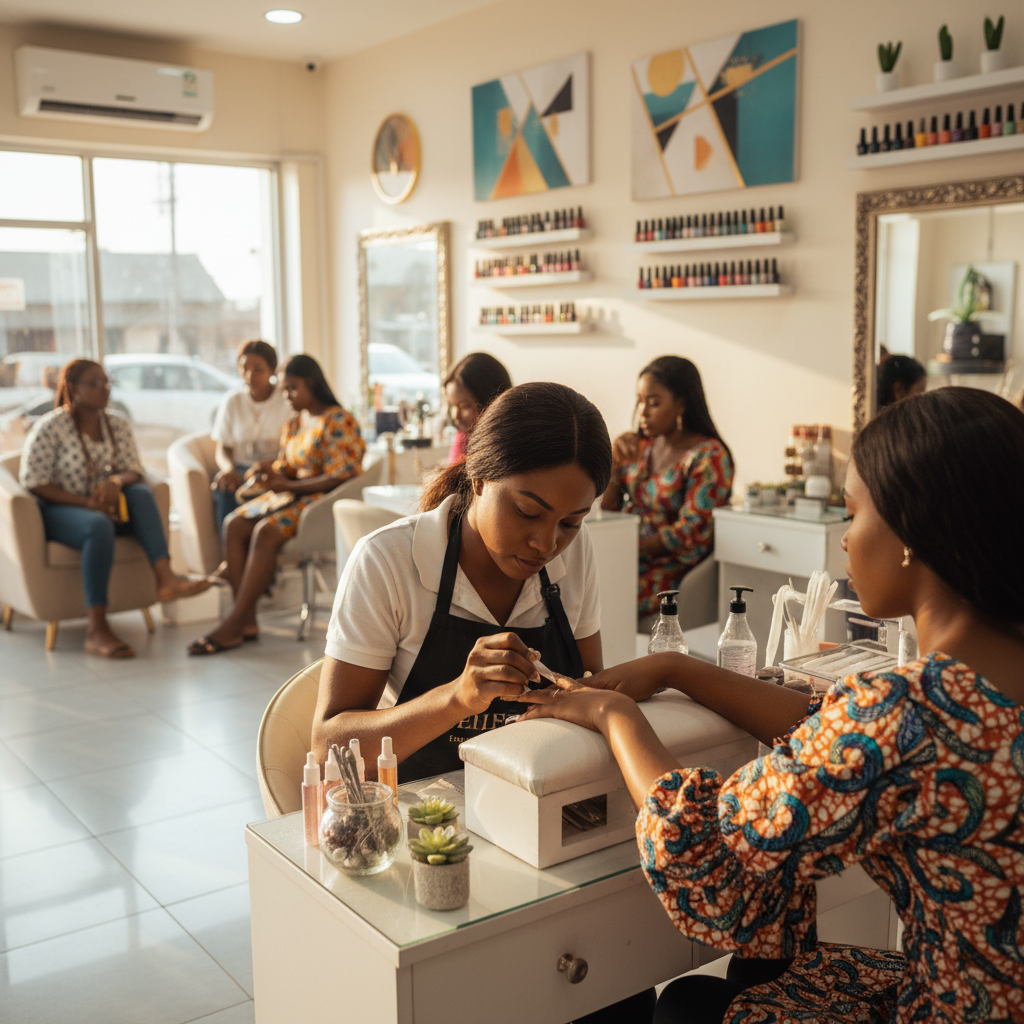 A nail technician carefully applying acrylic to a client's nails in a well-lit Lagos salon.