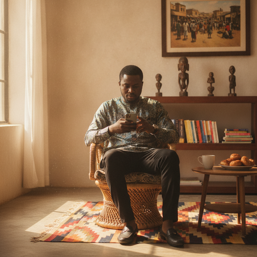 A young Nigerian man sitting on his sofa and typing a helpful review on the TrustAm app.