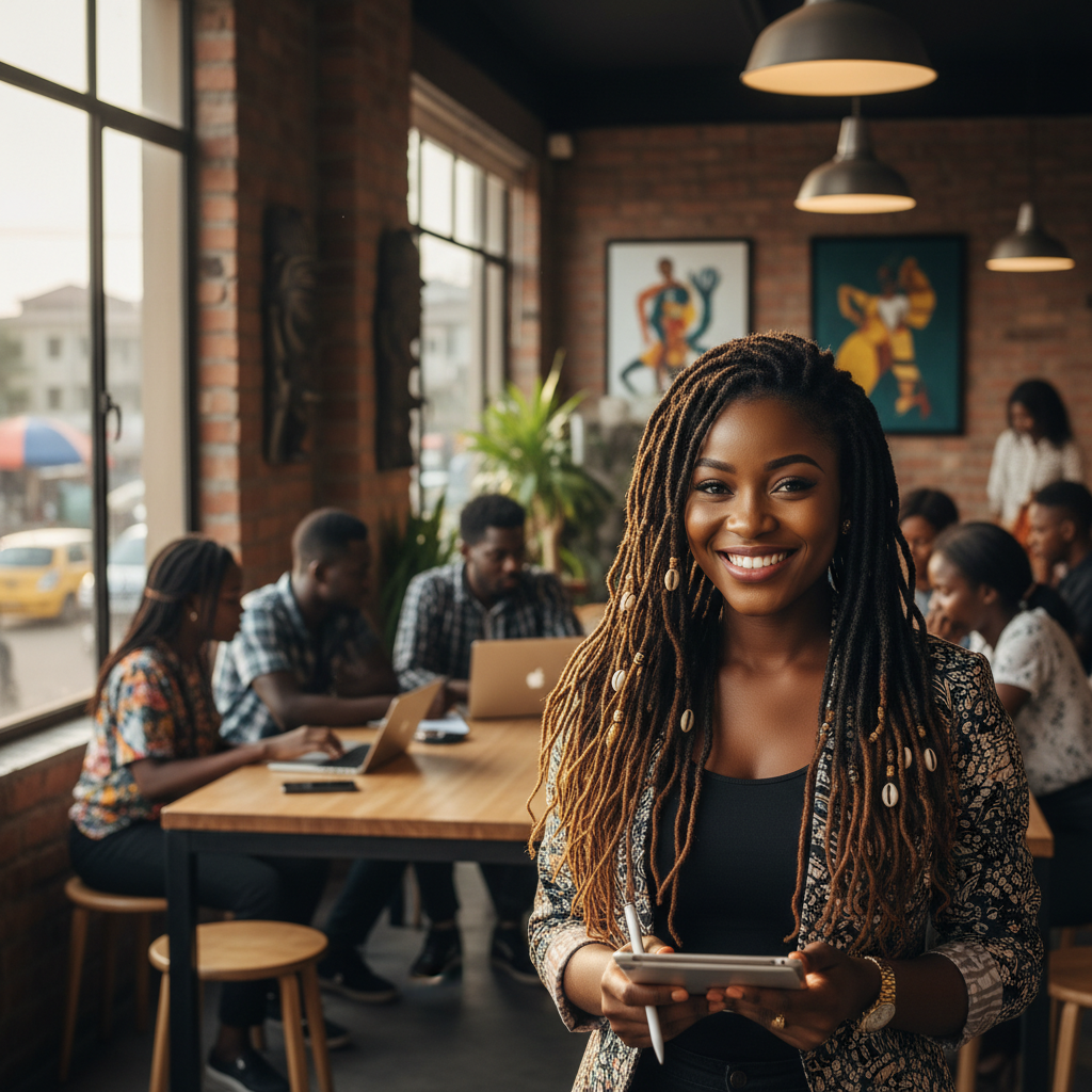 A Nigerian woman in Benin City smiling, showing off her well-maintained, healthy locs.